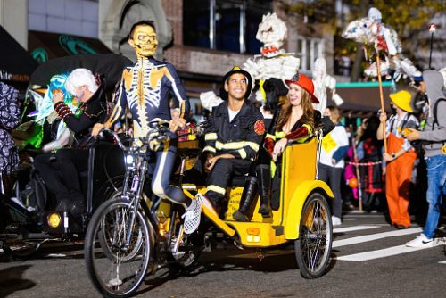 New York, NY - October 31, 2021: Beautiful and scary costumes dresses at NYC Village Halloween parade