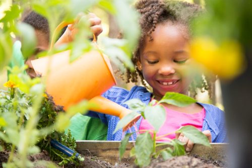 A smiling child waters plants in a garden, symbolizing growth, patience, and the power of consistency in reaching speech therapy goals in NYC.